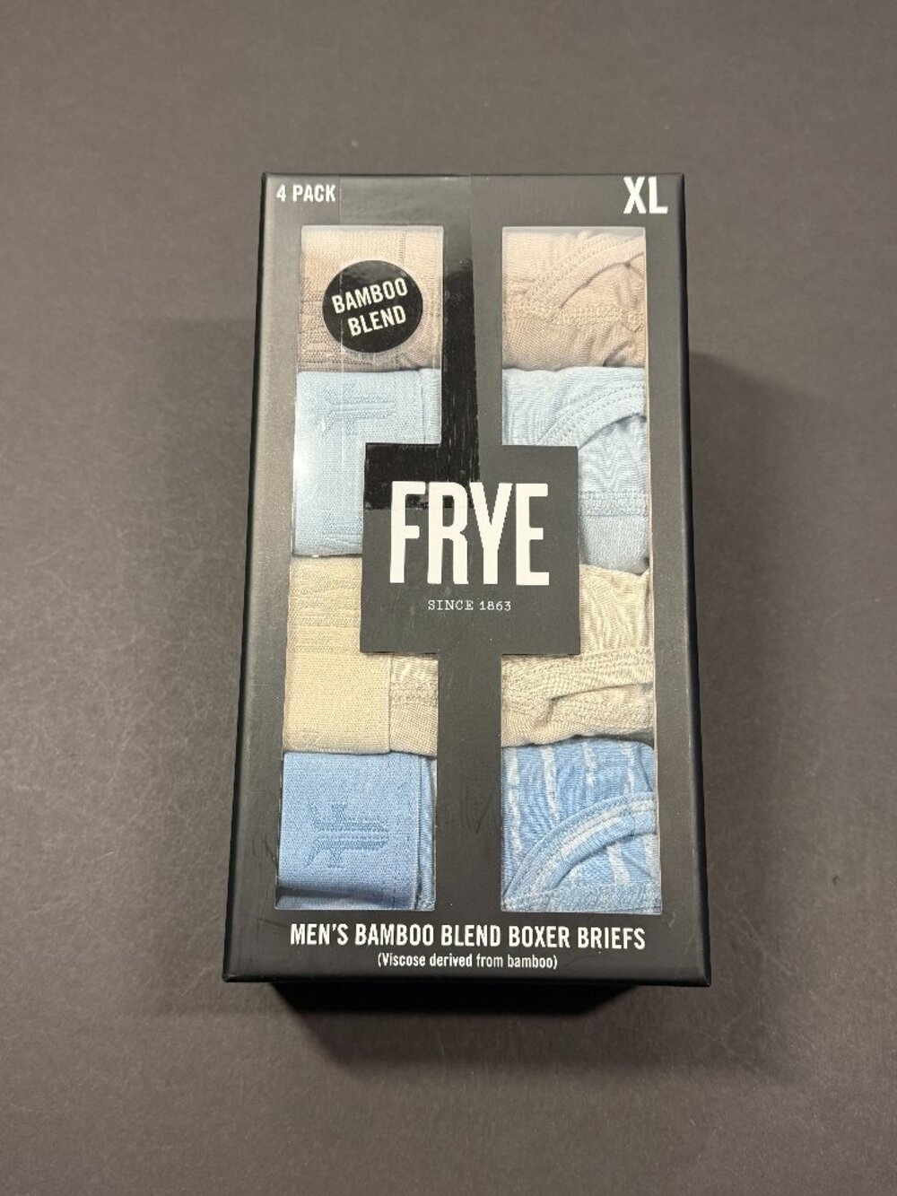 FRYE Bamboo Blend Boxer Briefs - 4 Pack - NWT - XL - Tan & Blue Shades